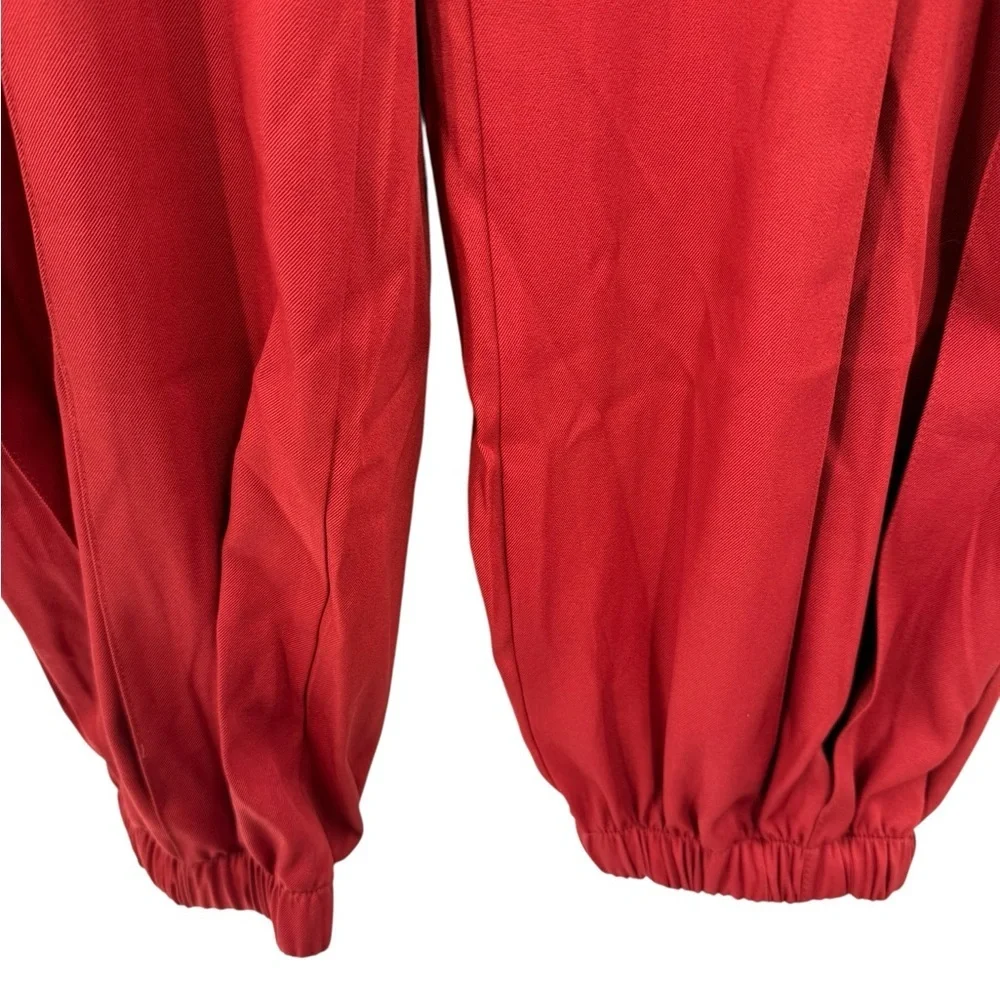 Red High-Waist Pleated Balloon Pants XL | Wide Pocket Tapered Cuff Trousers